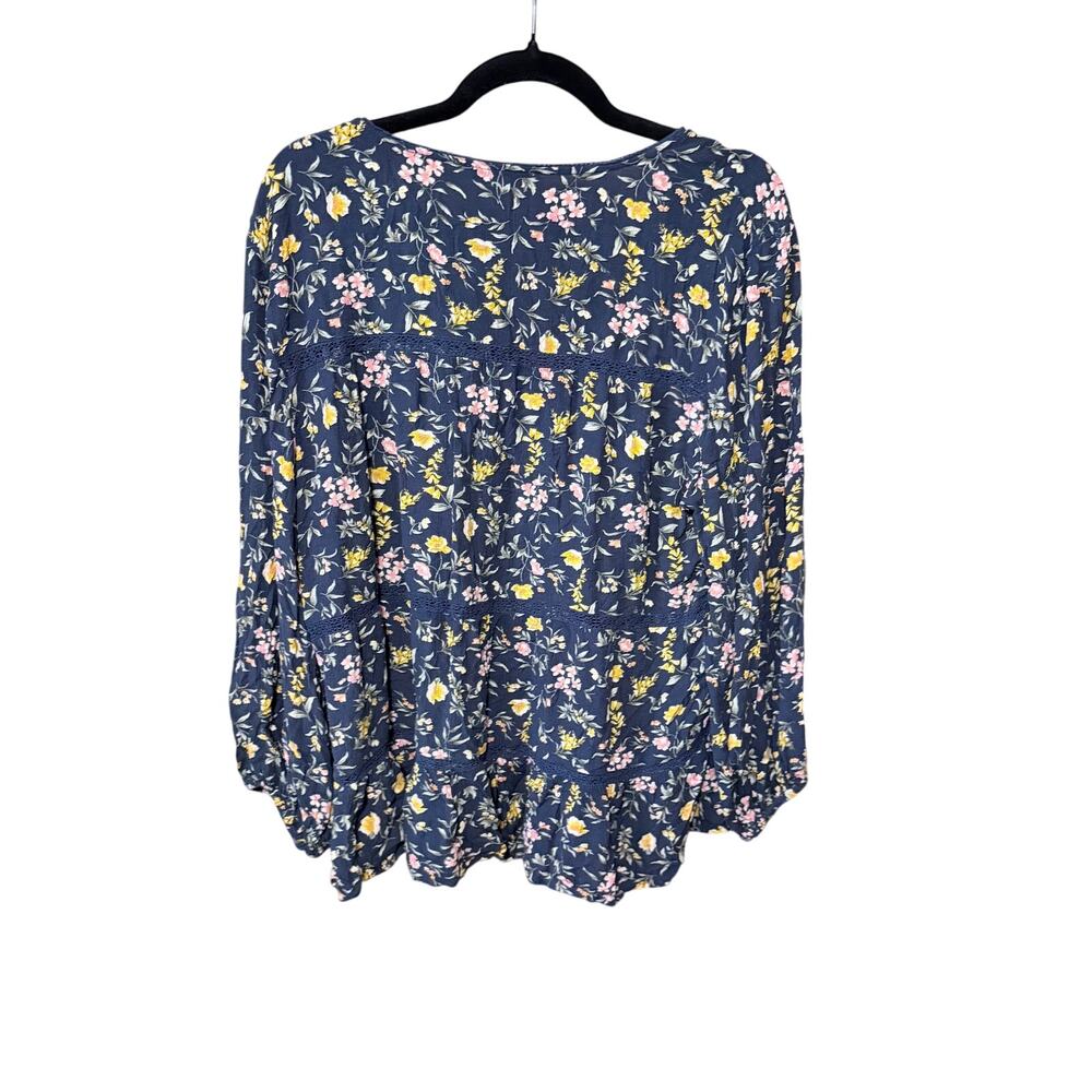 Floral Navy Long-Sleeve Women's Top - Picture 2 of 8